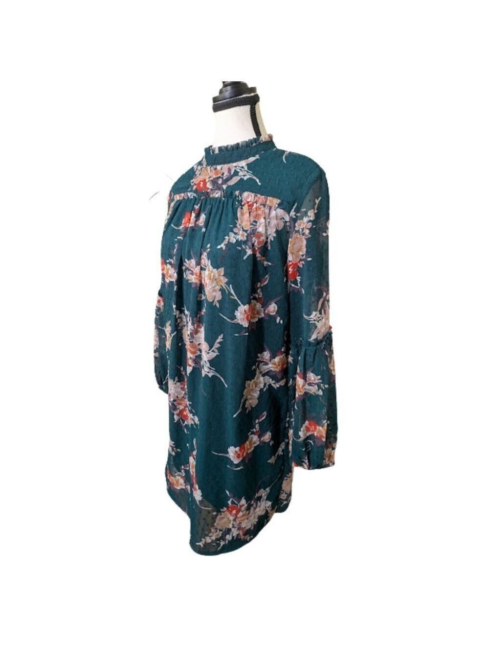 Floral Boho Ruffle-Neck Mini Dress – Deep Green Long Sheer Sleeves Size M